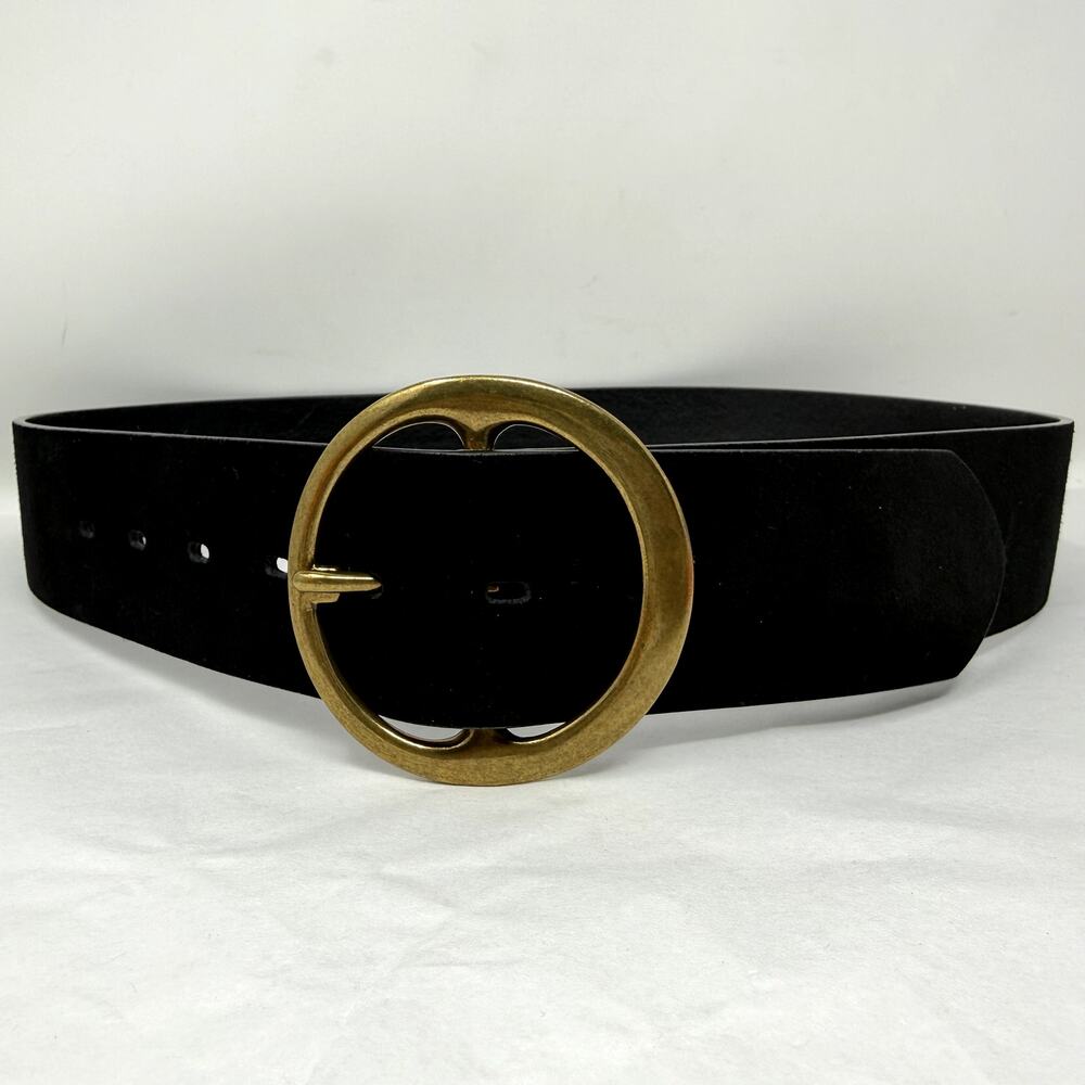 Treasure & Bond Black Leather Belt Women L Wide Round Gold Buckle